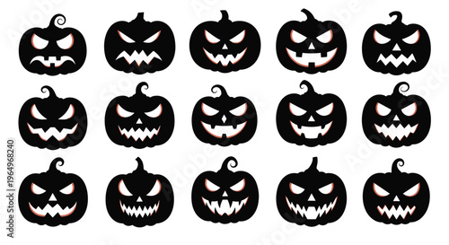 Collection of fifteen unique spooky jack o lantern pumpkin silhouettes with various scary faces for halloween decoration design.