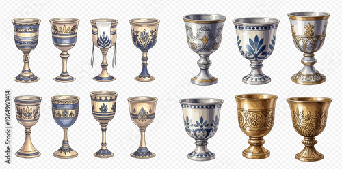 Set of antique decorative goblets and chalices with intricate patterns, isolated on transparent background.