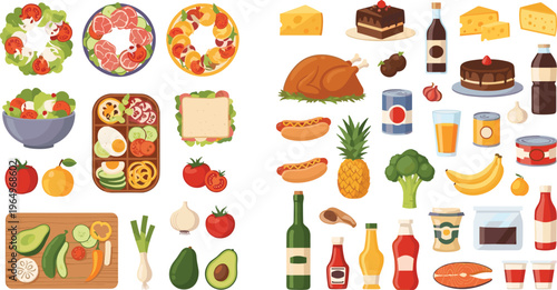 Flat vector illustration collection of cleaning and laundry supplies featuring a washing machine, laundry basket, spray bottles, iron, and various detergents.