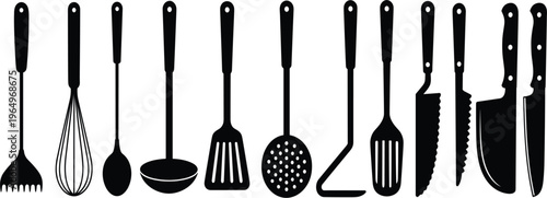 Silhouette set of kitchen utensils including spatula whisk ladle slotted spoon and knives arranged in clean minimalist black design