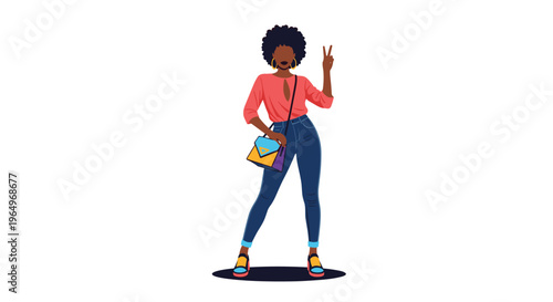 Fashionable black woman with a stylish afro hairstyle posing with her handbag and flashing a peace sign against a blue backdrop.