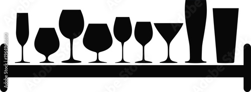 Set of bar glassware silhouettes arranged on rack featuring various drink glasses in clean modern minimal illustration design