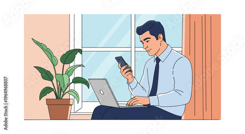 Professional man working by a window using a laptop and checking his smartphone in a bright modern office environment for business.