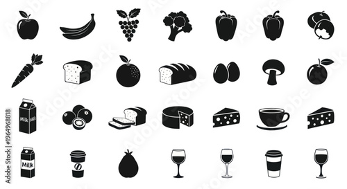Healthy Food Icons Set: Fruits, Vegetables, Dairy, Bread, Drinks & More