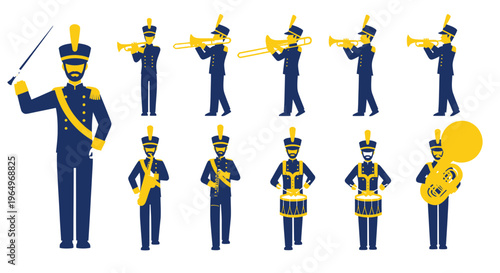 Marching Band Musicians Uniformed Brass Players and Conductor