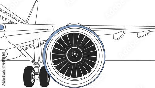 Detailed line illustration of commercial airplane jet engine and landing gear showing turbine blades and aircraft wing structure in flight