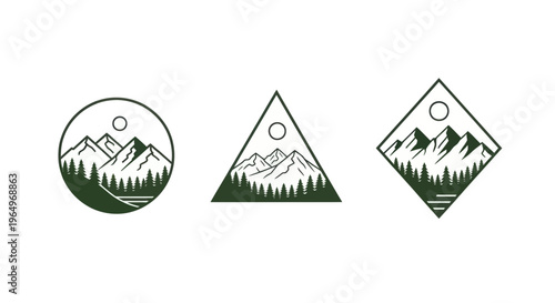 Mountain Landscape Icons Set: Circle, Triangle, Diamond Shapes