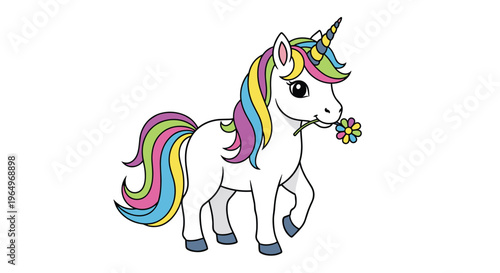 Adorable white unicorn with a rainbow mane and tail holding a colorful flower in its mouth on a clean white background.