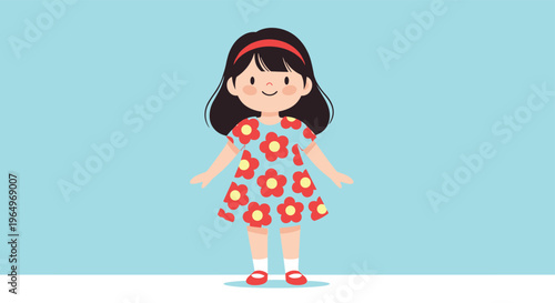 Happy little girl with dark hair wearing a blue dress with red flower patterns standing on a light blue background for children.