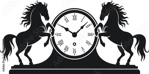 Vintage mantel clock with rearing horse silhouettes and Roman numerals in elegant classic black decorative design illustration