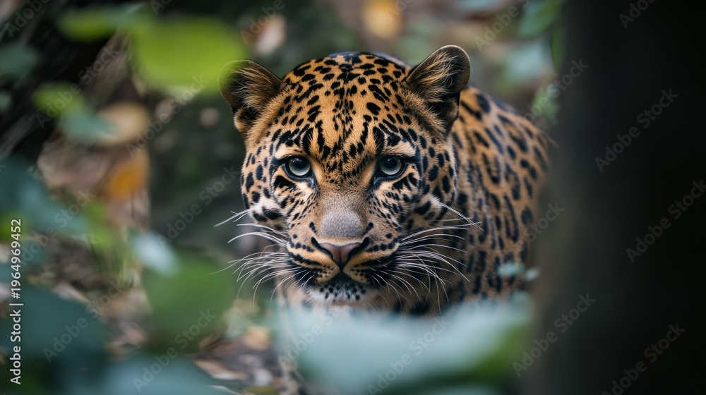 Obraz premium amur leopard staring through dense forest, generative ai
