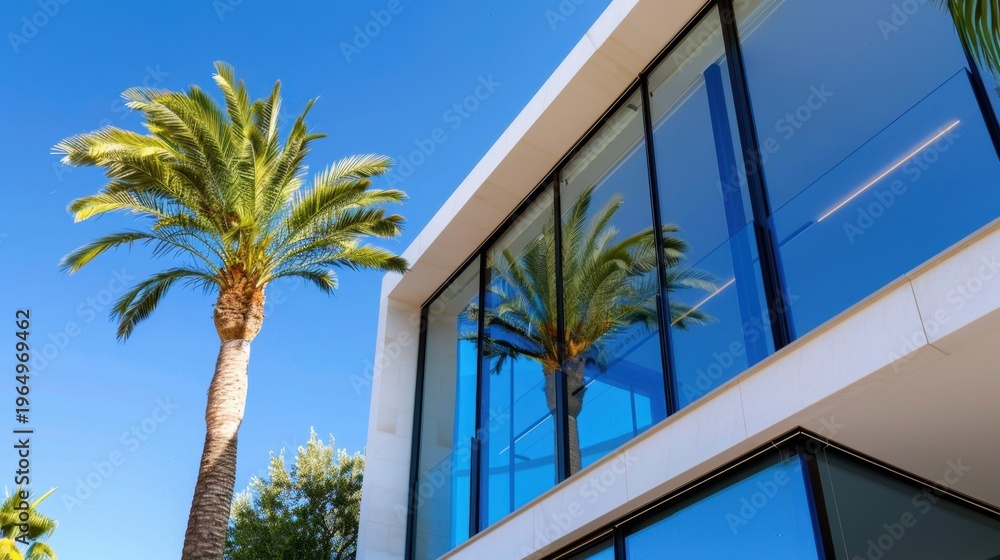 Fototapeta premium Modern Architectural Design of a Luxurious House Surrounded by Lush Palm Trees Against a Clear Blue Sky