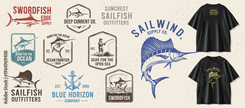 Fishing vintage badges set for branding, t shirt, sticker, poster