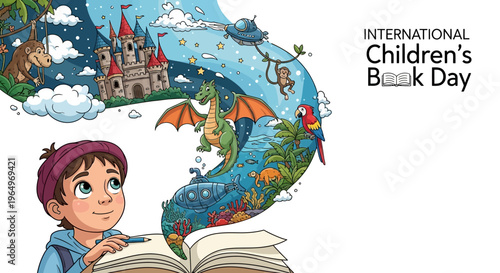 Illustration of a young boy reading a book with a magical storybook scene coming out of it on International Children's Book Day with whimsical illustrations.