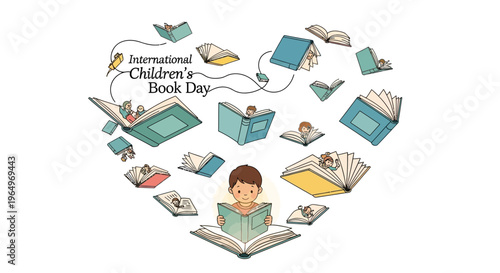 Vector illustration of a child reading surrounded by books and reading materials in a heart shape for International Children's Book Day with colorful educational elements.