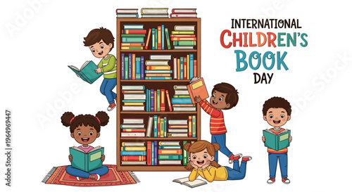 Colorful illustration of diverse children reading books and interacting with a large bookshelf on International Children's Book Day with a lively and educational atmosphere.