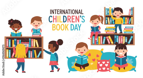 Illustration of diverse children reading books and interacting with shelves on International Children's Book Day with colorful, educational illustrations.