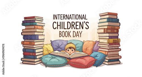 A cheerful child lies on colorful pillows reading a book surrounded by stacks of books on International Children's Book Day with illustrations of storybooks and early education materials.