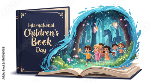 Illustration of children stepping out of an open book on International Children's Book Day with a whimsical forest background.