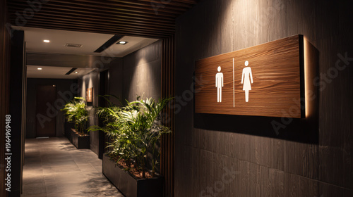 Wooden restroom sign indicating men women public toilet