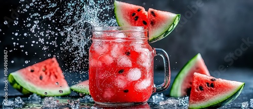 Dynamic Watermelon Summer Drink with Ice and Water Splash