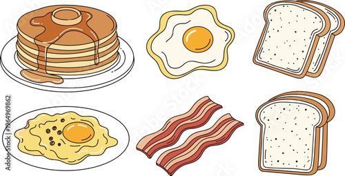Colorful Breakfast Food Icons Set Featuring Pancakes, Eggs, Bacon, and Toast for Morning Meal and Brunch Designs