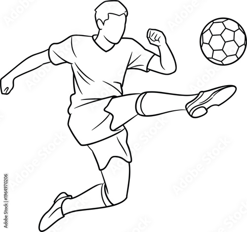 Line illustration of soccer player kicking ball mid air showing dynamic motion and athletic action in clean minimal style