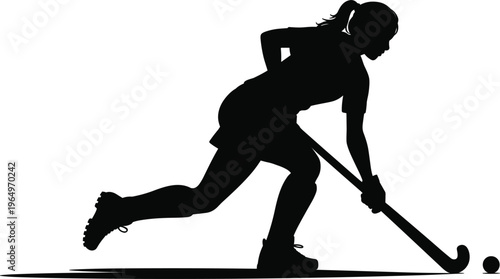 Silhouette of female field hockey player in action dribbling ball with stick dynamic sports illustration in clean minimal style