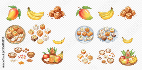 Collection of Indian sweets, desserts, and fruits for festive occasions and celebrations, including mangoes, bananas, laddus, and various mithai.