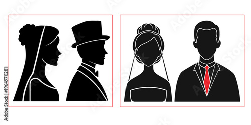 Two  vector silhouette set of  married couple featuring the black silhouette of a bride in a bridal gown  and her groom celebrating their wedding love and marriage.  elegant wedding and anniversary .