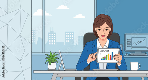Businesswoman analyzing graph data at office desk with computer and coffee