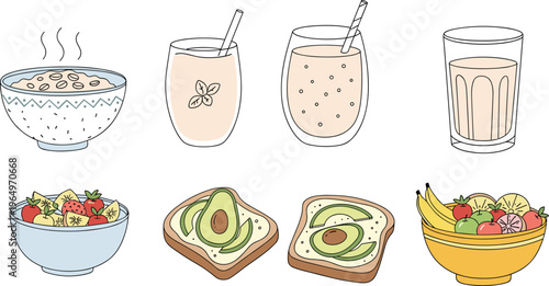 Colorful Healthy Breakfast Icons Set Featuring Oatmeal, Smoothies, Avocado Toast, and Fruit Bowls for Morning Meal Designs