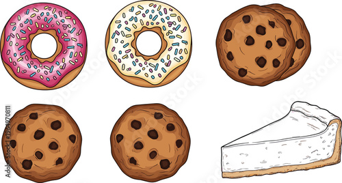 Colorful Dessert Illustration Set Featuring Donuts, Cookies, and Cheesecake for Sweets, Bakery, and Confectionery Designs