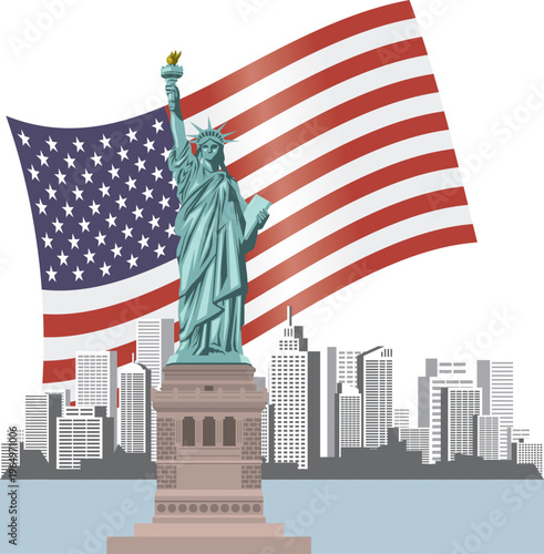 自由の女神とアメリカ国旗とビル群のイメージイラスト