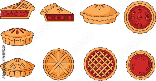 Colorful Pie Illustration Set Featuring Different Pie Types with Lattice, Crust, and Fillings for Baking, Desserts, and Food Designs