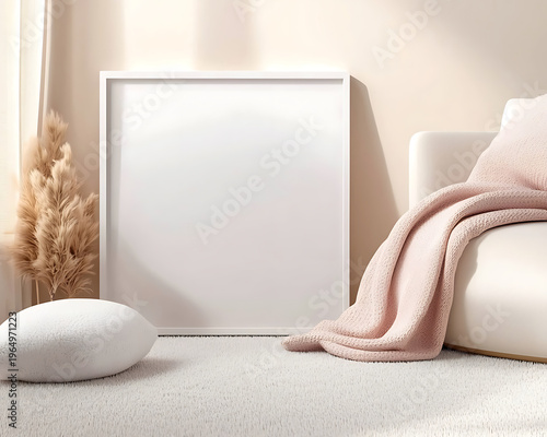 Empty rectangular frame mockup in white placed on soft carpet, surrounded by cozy decor, evokes serene atmosphere