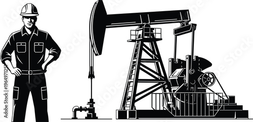 Black and white vector illustration of a confident oil rig engineer standing next to a classic pumpjack industrial petroleum derrick
