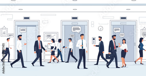 Business people walking through office doors to work in a modern building daily