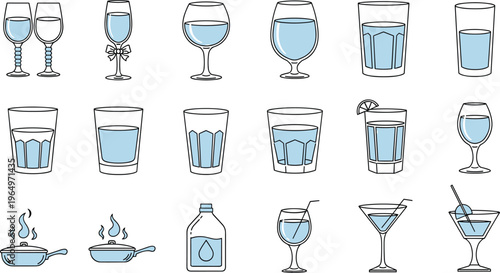 Comprehensive beverage glassware vector set featuring wine glasses, water tumblers, cocktail martinis, bottled water, and cooking pans for restaurant menus, kitchen branding, and bar service illustrat