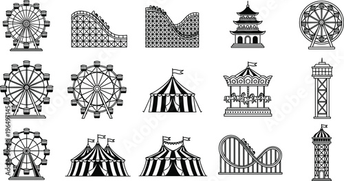 Amusement park icon set featuring ferris wheel roller coaster circus tent and carousel horse ride symbols in black and white silhouette