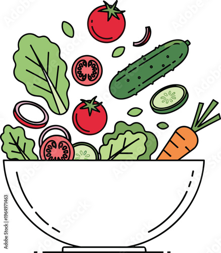 Colorful Salad Illustration with Fresh Vegetables in a Bowl for Healthy Eating, Organic Food, and Vegan Lifestyle