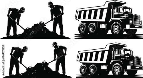 Black and white vector illustration of construction workers digging dirt with shovels next to a heavy duty industrial dump truck