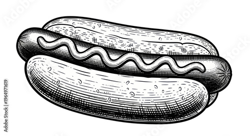 Vintage Hot Dog Illustration with Mustard Drizzle