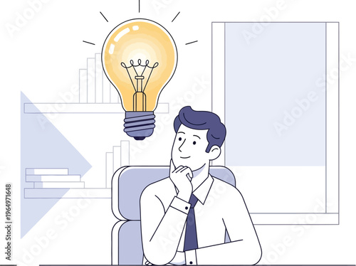 Man in office setting thinks with lightbulb above his head suddenly appearing