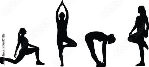 Silhouette illustrations of yoga and stretching poses, vector fitness design set showing balance, flexibility, exercise, meditation, healthy lifestyle, workout, wellness art
