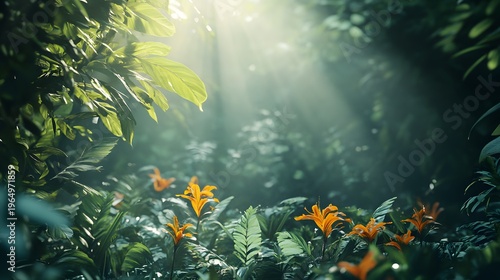 Sunbeams penetrate a lush green jungle, illuminating a patch of orange lilies.