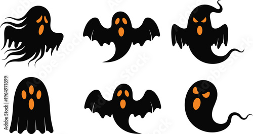 Stylized spooky ghost illustrations with orange facial features, vector design set for Halloween decorations, horror art, scary cartoon,