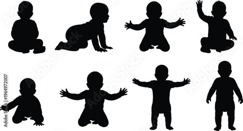 Baby Silhouette Set with Infant Characters Crawling Sitting and Standing in Various Cute Poses Isolated on White Background for Parenting and Newborn Design (23 words)