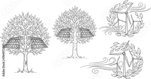 Detailed Tree and Wind Energy Illustration Set with Natural Forest Elements and Renewable Power Concepts in Elegant Hand Drawn Vector Style.