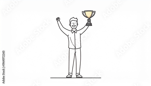 Line drawing of a happy man celebrating victory with a golden trophy raised above his head.
